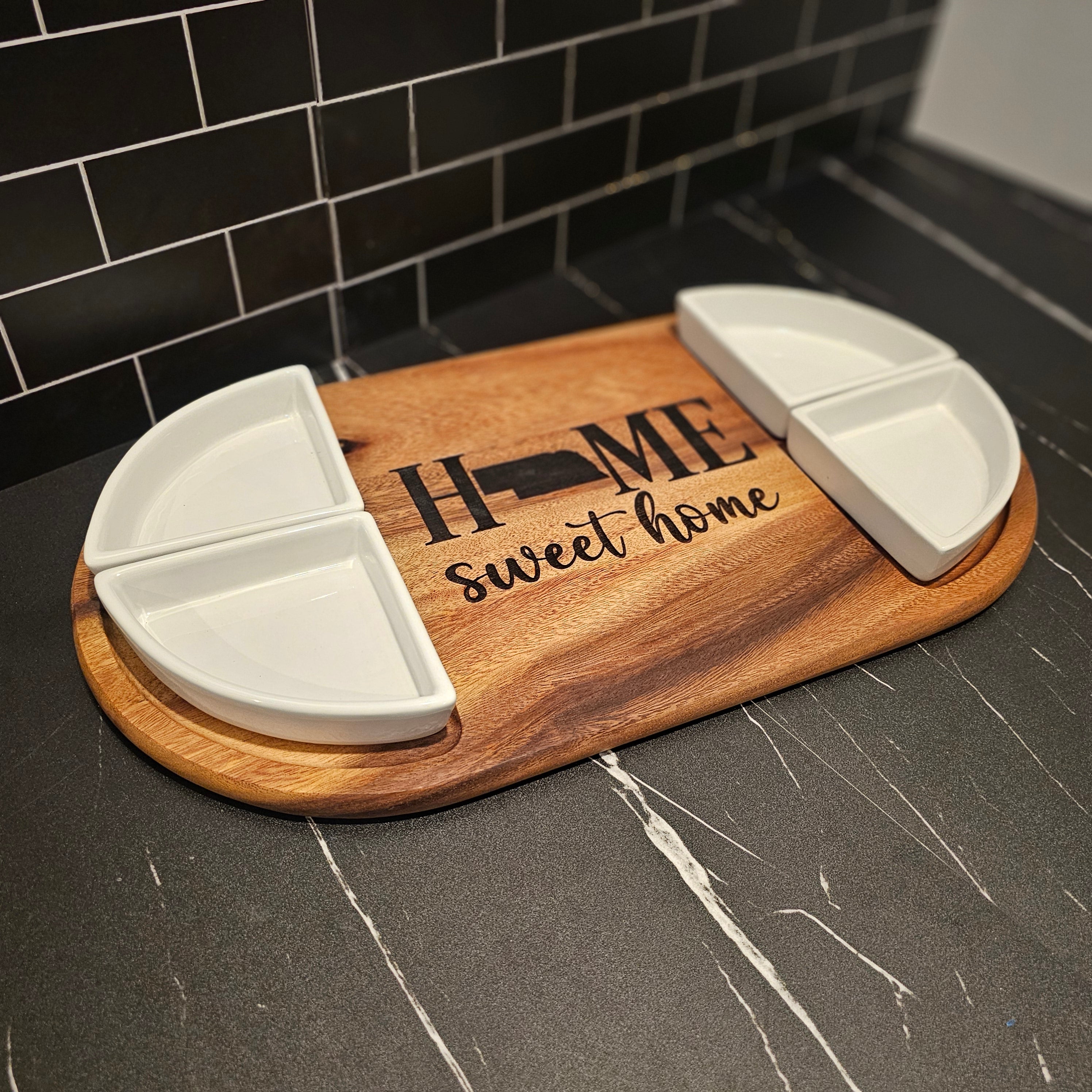 Acacia Wood Charcuterie & Serving Tray with 4 White Ceramic Dishes