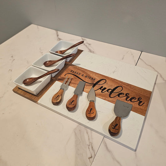 Personalized Marble and Acacia Wood Charcuterie Board 11 Piece Set 