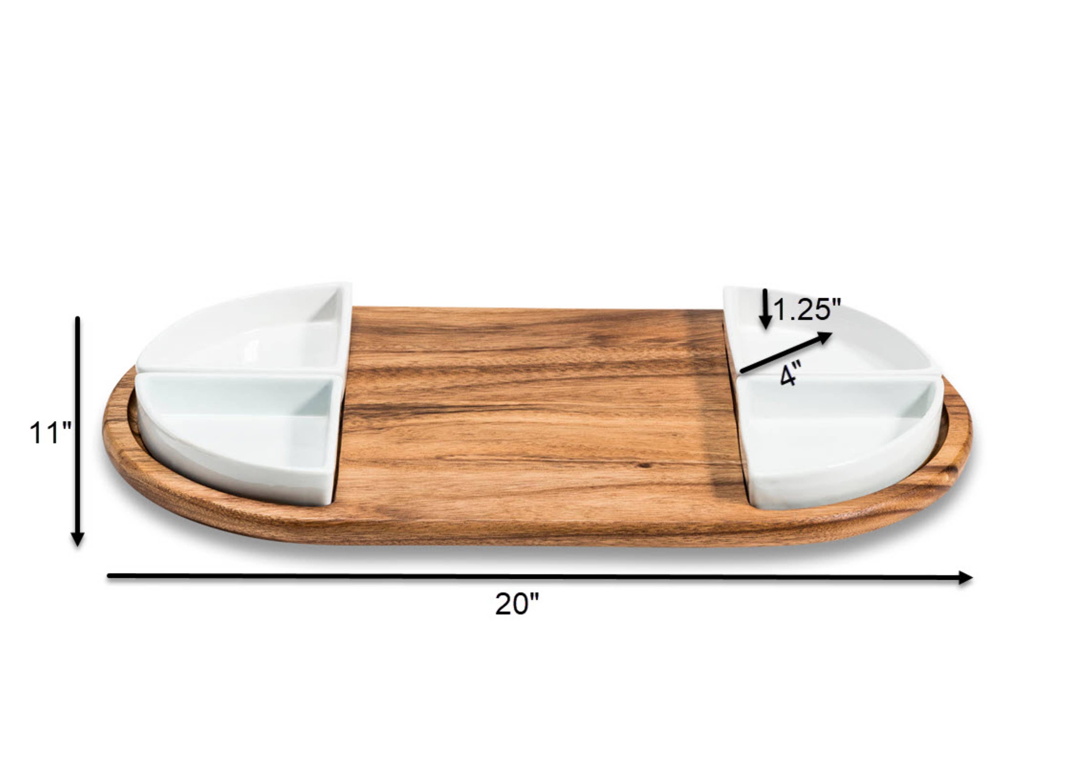 Acacia Wood Charcuterie & Serving Tray with 4 White Ceramic Dishes