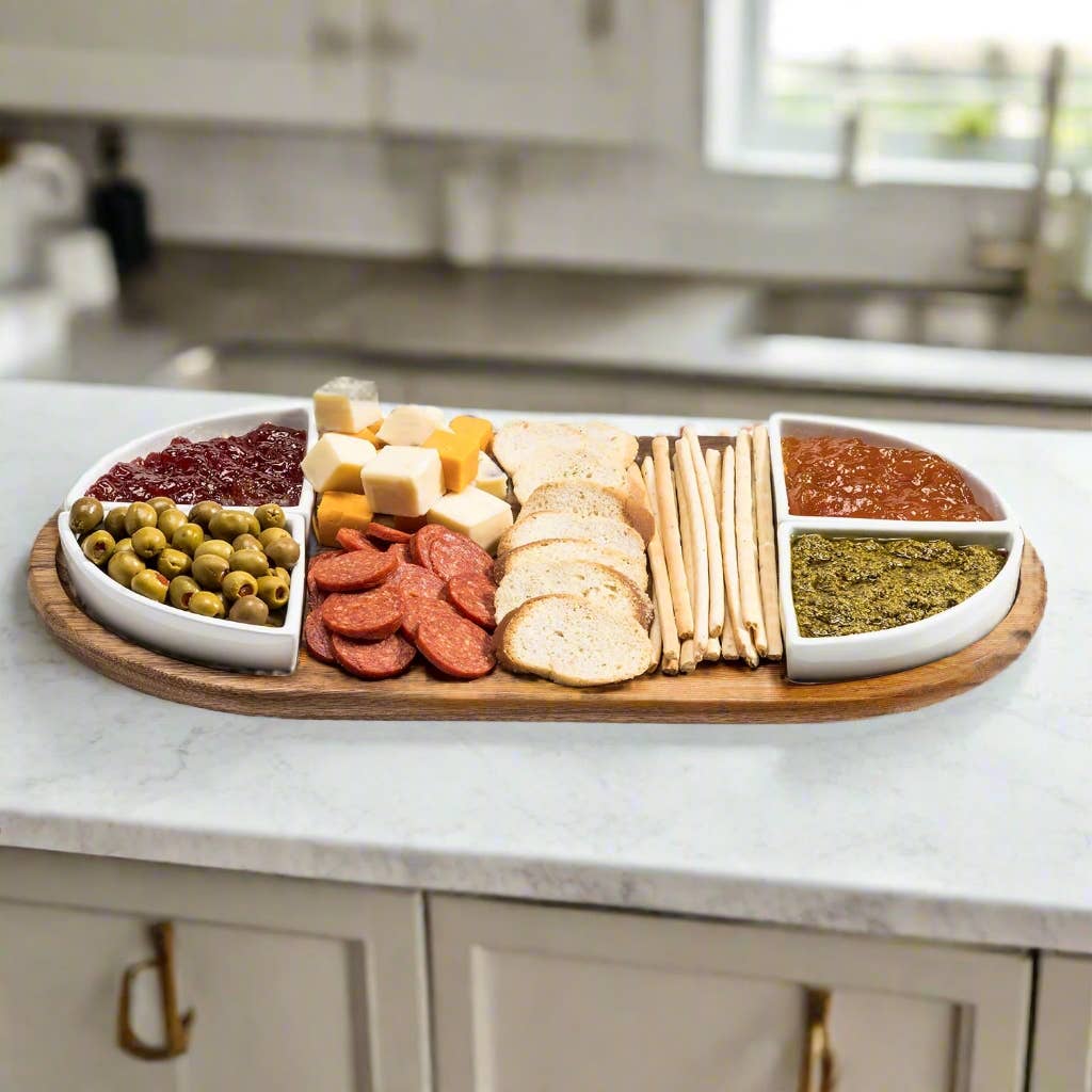Acacia Wood Charcuterie & Serving Tray with 4 White Ceramic Dishes
