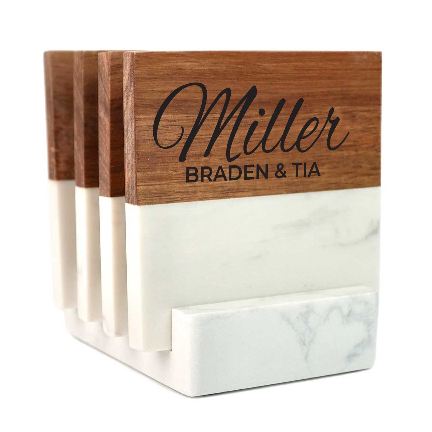 Personalized Marble and Wood Coaster Set