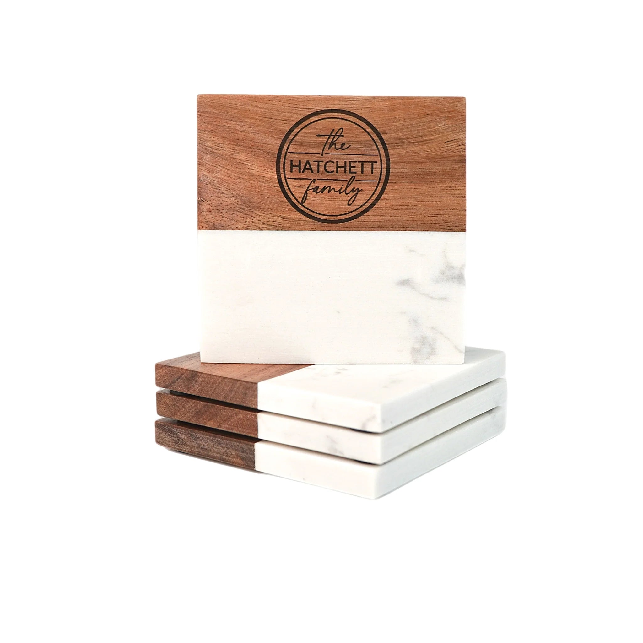 Personalized Marble and Wood Coaster Set