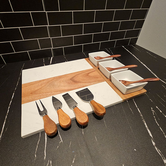 Personalized Marble and Acacia Wood Charcuterie Board 11 Piece Set