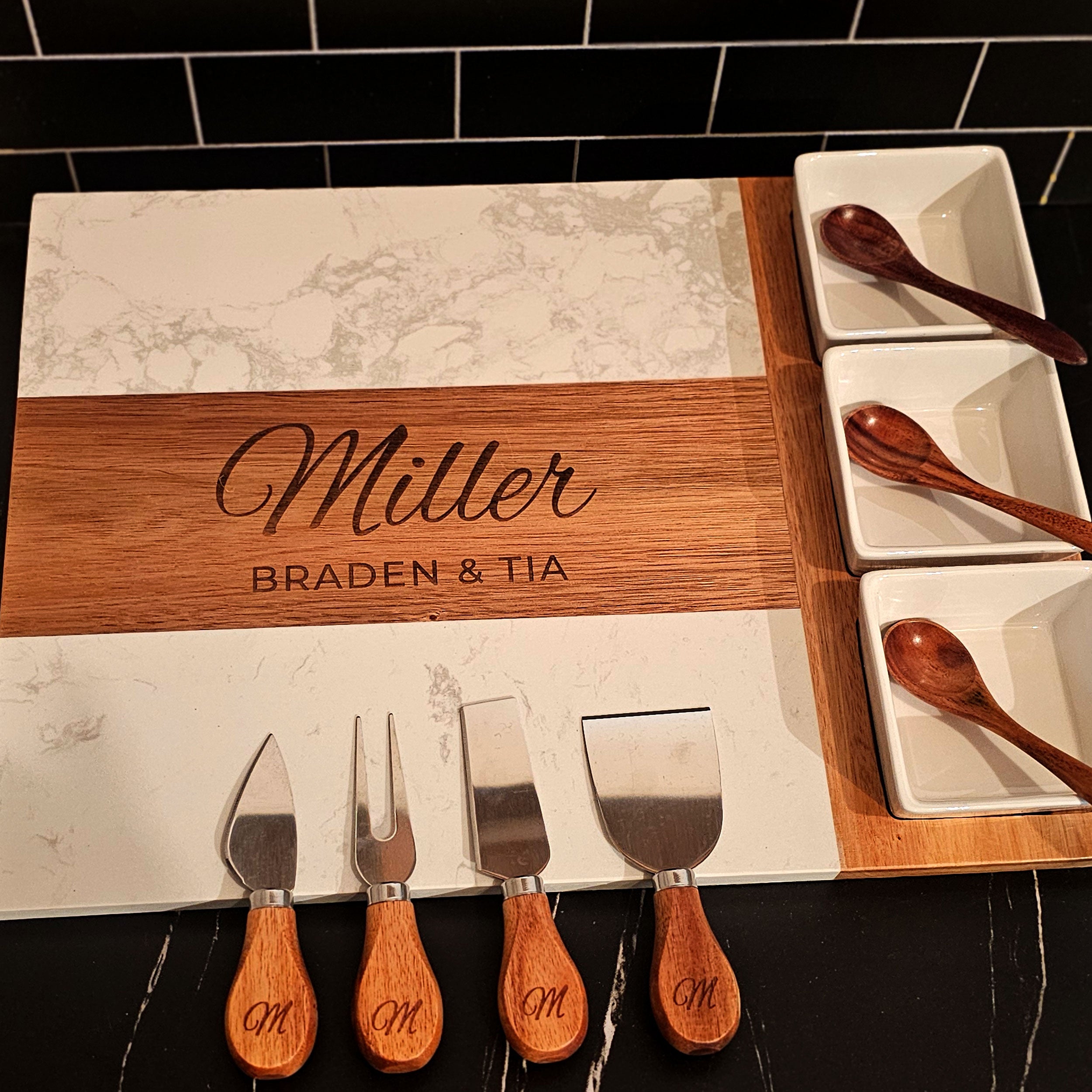 Personalized Marble and Acacia Wood Charcuterie Board 11 Piece Set