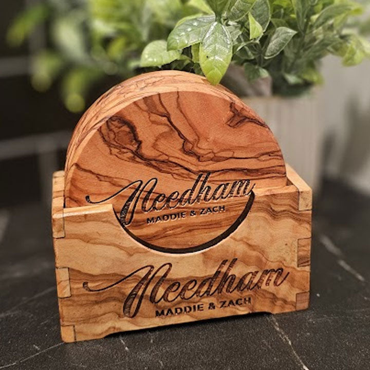 Olive Wood Round Coaster Set with Holder