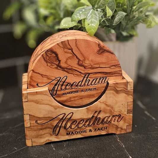 Olive Wood Round Coaster Set with Holder