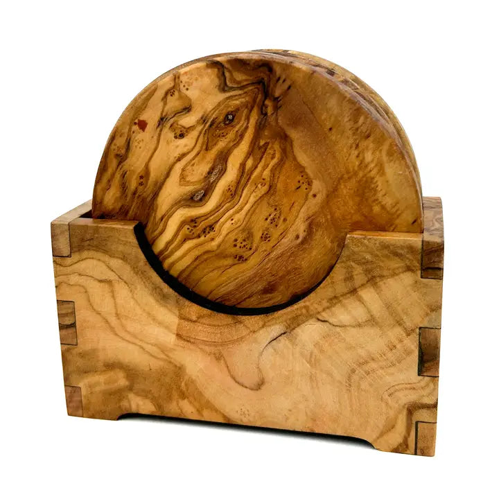 Olive Wood Round Coaster Set
