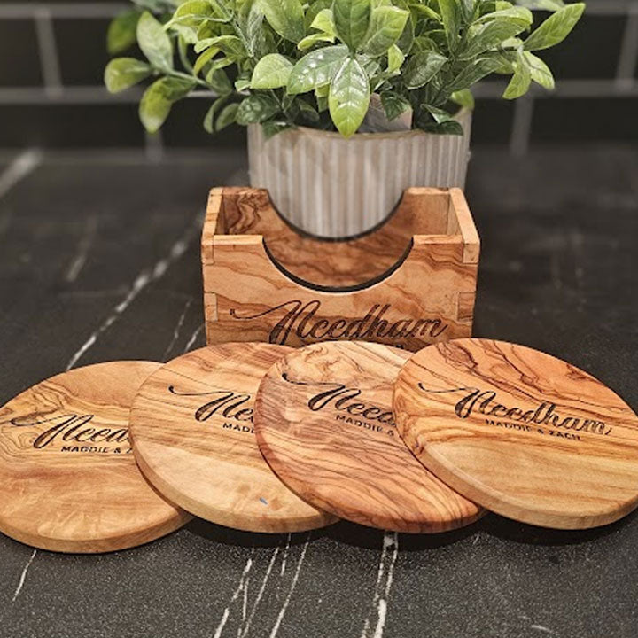 Olive Wood Round Coaster Set with Holder