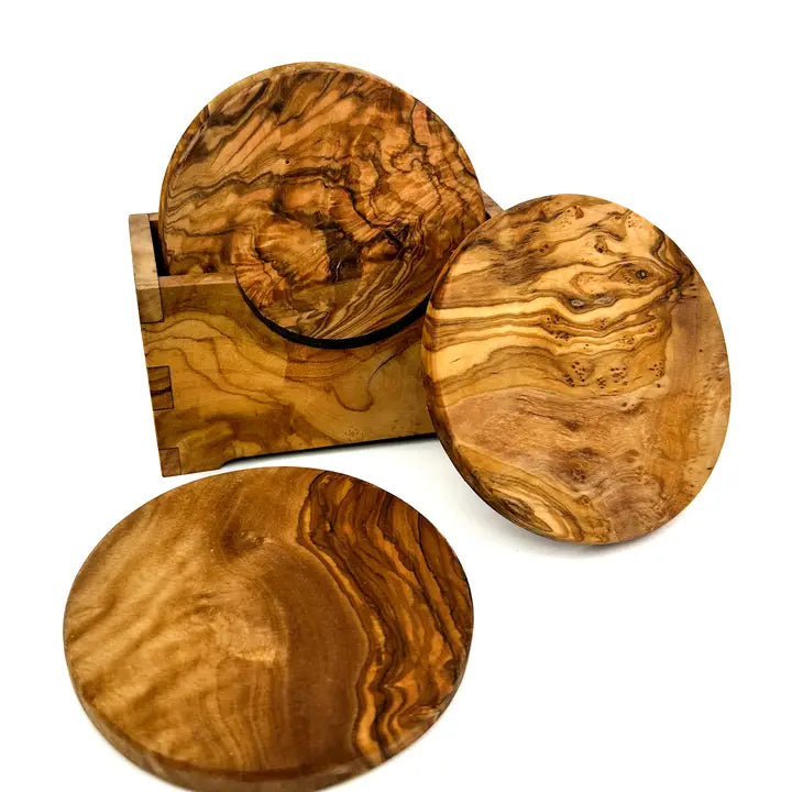 Olive Wood Round Coaster Set