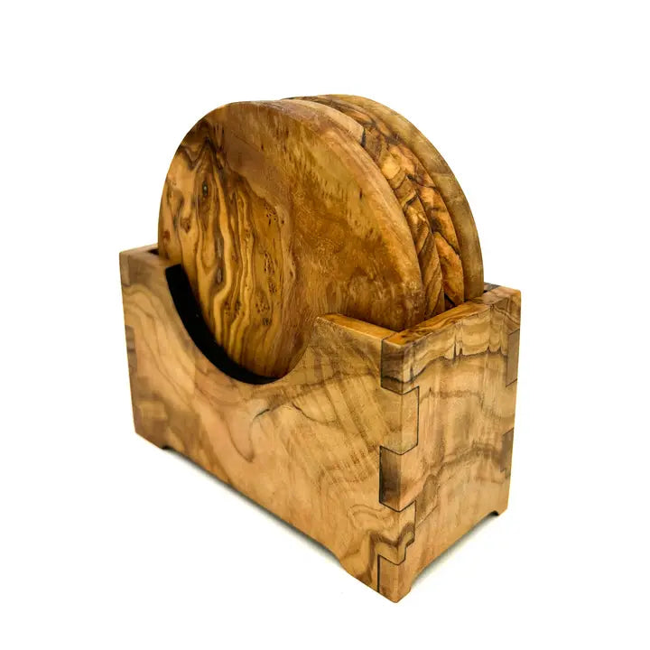 Olive Wood Round Coaster Set