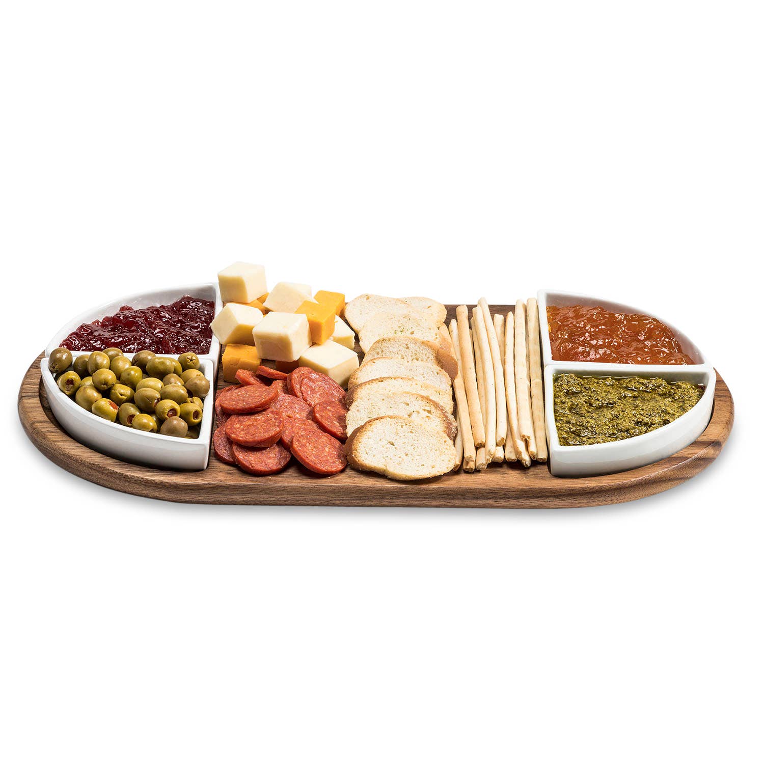 Acacia Wood Charcuterie & Serving Tray with 4 White Ceramic Dishes